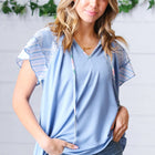 Blue Floral & Stripe V Neck Tie Double Flutter Sleeve Top