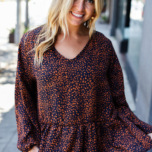 Navy & Rust Leopard Woven Babydoll Top