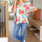 Aqua & Coral Floral V Neck Woven Top