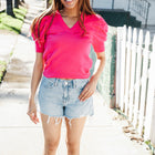 Be Bold Solid Fuchsia Shirred Puff Sleeve Sweater Top