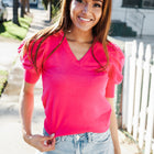 Be Bold Solid Fuchsia Shirred Puff Sleeve Sweater Top