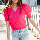 Be Bold Solid Fuchsia Shirred Puff Sleeve Sweater Top
