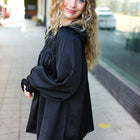 Be Your Best Black Satin Shirred Yoke Frilled Mock Neck Top