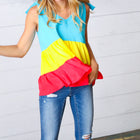 Multicolor Tiered Shoulder Tie Bow Crepe Top