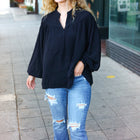 Boho Vibes Black Notched Neck Smocked Bubble Sleeve Top