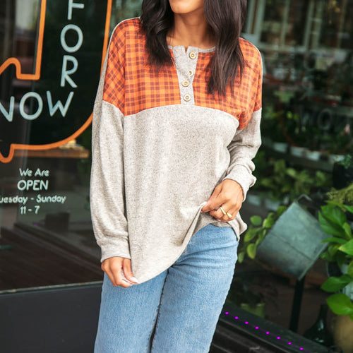 Plaid Cashmere Feel Two Tone Button Down Top
