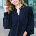 Boho Vibes Black Notched Neck Smocked Bubble Sleeve Top