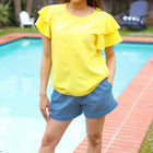 Lovely In Yellow Tiered Double Ruffle Sleeve Woven Top