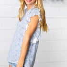 Washed Blue Floral Tiered Flutter Sleeve Top