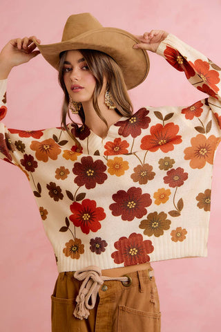 RETRO FLORAL PRINTED V NECK RELAXED FIT KNIT SWEATER