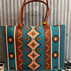 TURQUOISE WRANGLER SOUTHWESTERN PATTERN DUAL SIDED PRINT CANVAS WIDE TOTE