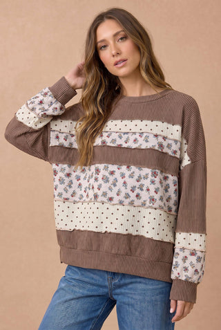 Floral and Polka Dot Mixed Knit Top