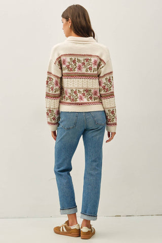 VINTAGE FLORAL JACQUARD POLO CARDIGAN