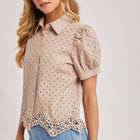 EYELET LACE TRIMMED BUBBLE SLEEVE SHIRT BLOUSE