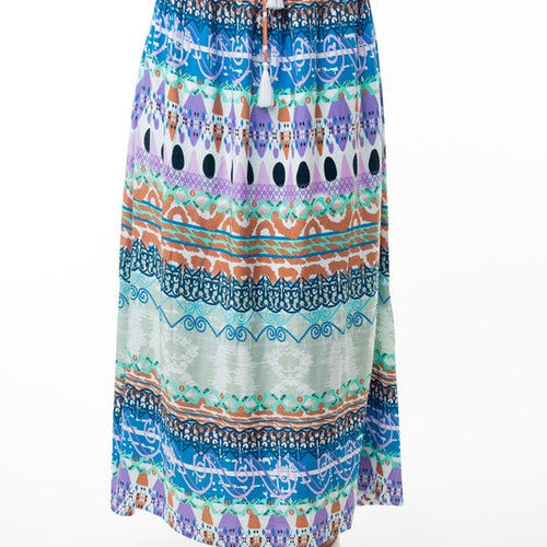 Printed Elastic Waist Band Long Skirt with Tassels in Sage Combo