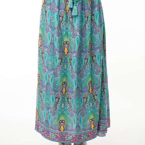 Printed Elastic Waist Band Long Skirt with Tassels in Mint Combo