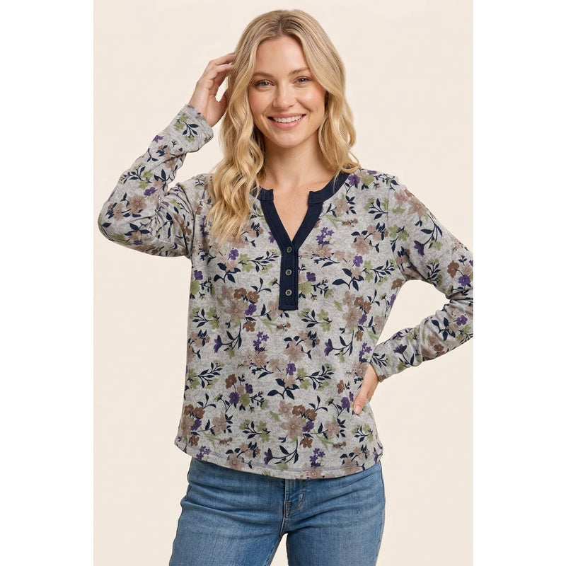 SPLIT HALF BUTTON NECK FLORAL PRINTED TOP