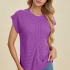 Double Take Full Size Cable-Knit Round Neck Cap Sleeve Sweater