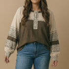 Round Neck Floral Color Block Cotton Slub Top