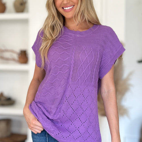 Double Take Full Size Cable-Knit Round Neck Cap Sleeve Sweater