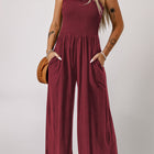 Smocked Square Neck Wide Leg Jumpsuit with Pockets
