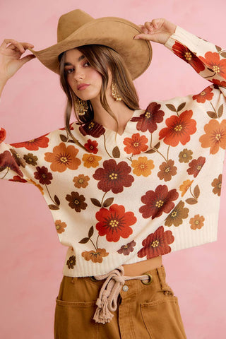 RETRO FLORAL PRINTED V NECK RELAXED FIT KNIT SWEATER