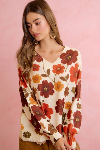 RETRO FLORAL PRINTED V NECK RELAXED FIT KNIT SWEATER