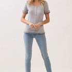 Ruffle Trim Pointelle Knit Henley Top
