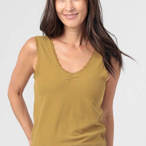 RIB KNIT CINCH BUST LACE TRIM TANK TOP
