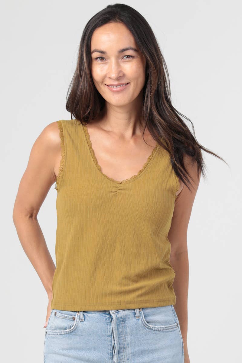 RIB KNIT CINCH BUST LACE TRIM TANK TOP
