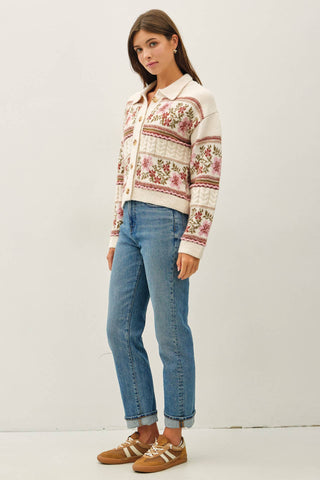 VINTAGE FLORAL JACQUARD POLO CARDIGAN
