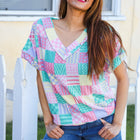 Easy Living Mint Patchwork Print Textured Knit V Neck Top