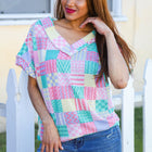 Easy Living Mint Patchwork Print Textured Knit V Neck Top