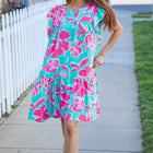 Diva Dreaming Aqua Floral Print Tiered Ruffle Sleeve Dress