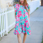 Diva Dreaming Aqua Floral Print Tiered Ruffle Sleeve Dress