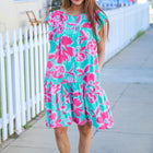 Diva Dreaming Aqua Floral Print Tiered Ruffle Sleeve Dress