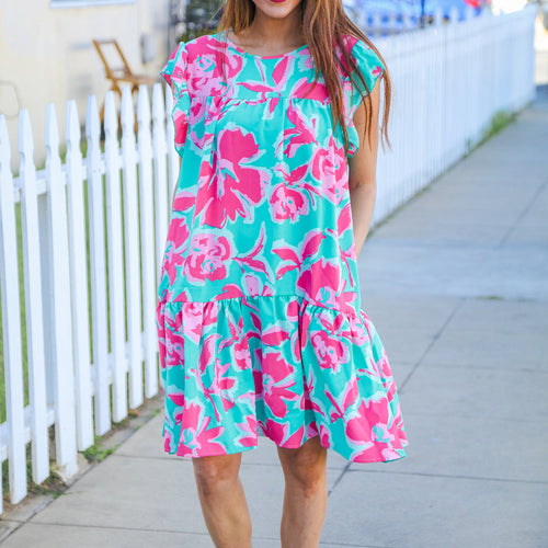 Diva Dreaming Aqua Floral Print Tiered Ruffle Sleeve Dress