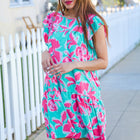Diva Dreaming Aqua Floral Print Tiered Ruffle Sleeve Dress