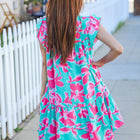 Diva Dreaming Aqua Floral Print Tiered Ruffle Sleeve Dress