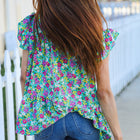 All For You Mint Floral Yoke Flutter Sleeve Keyhole Back Top