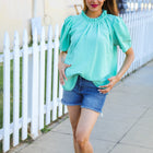Follow Me Mint Frill Mock Neck Woven Top