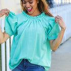 Follow Me Mint Frill Mock Neck Woven Top