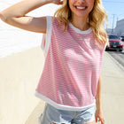Lock Eyes Pink & Ivory Jacquard Waffle Knit Banded Sleeveless Top