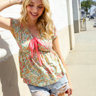 Be Charming Sage Floral Print Elastic Neck Ribbon Bow Tie Top