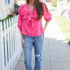 Stay With Me Pink V Neck Ribbon Bow Babydoll Woven Blouse