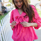 Stay With Me Pink V Neck Ribbon Bow Babydoll Woven Blouse