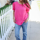 Perfectly You Solid Fuchsia Silk Shirred Cap Short Sleeve Blouse