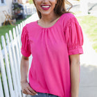 Perfectly You Solid Fuchsia Silk Shirred Cap Short Sleeve Blouse