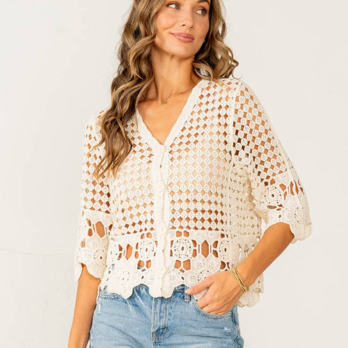 Relaxed Fit Crochet Lace Button Down Top