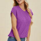 Double Take Full Size Cable-Knit Round Neck Cap Sleeve Sweater